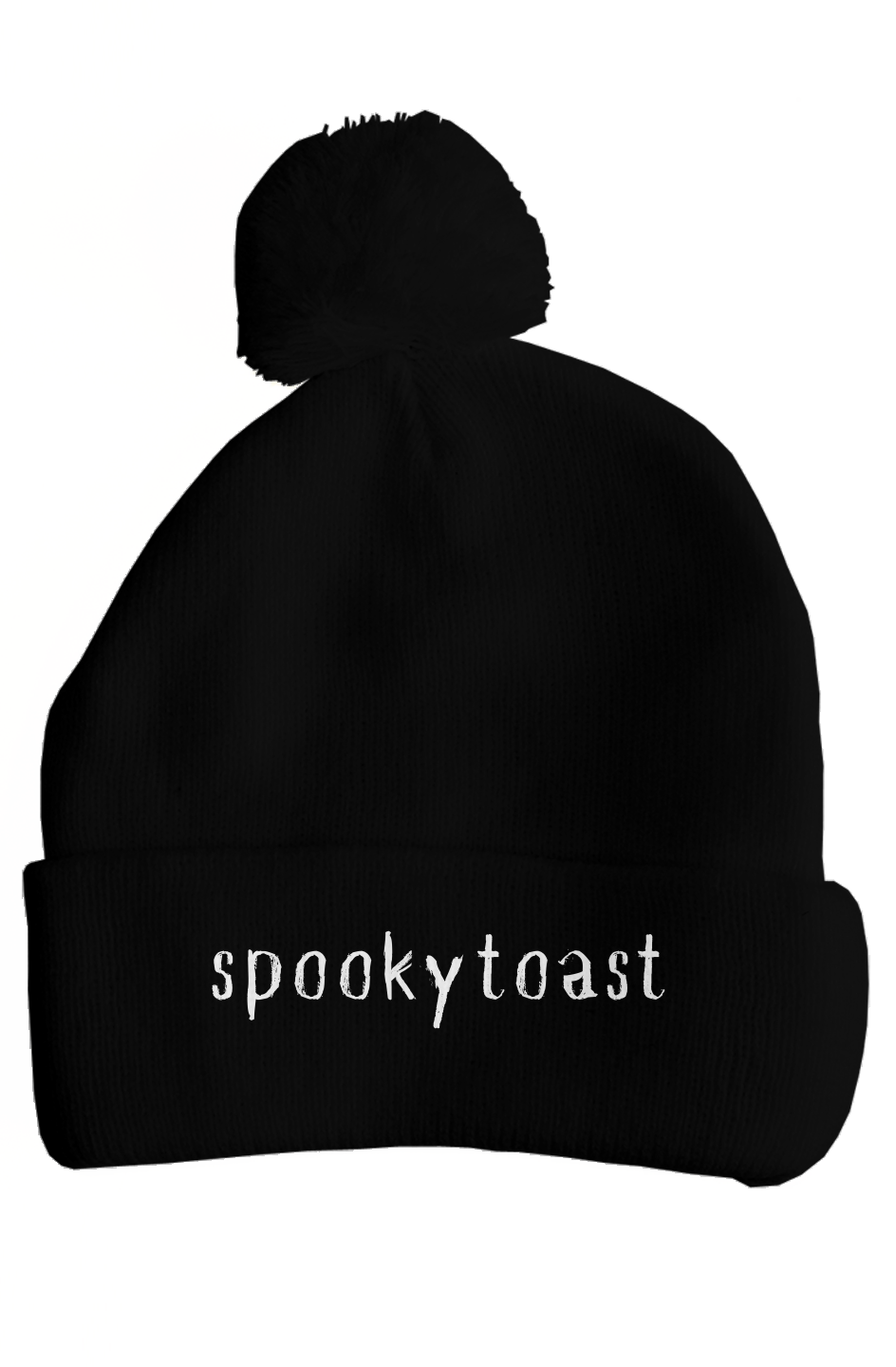 Black "Spookytoast" Pom Pom Knit Beanie