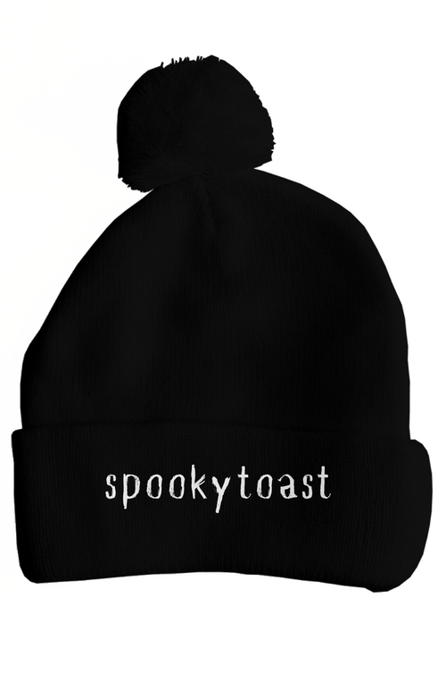 Black "Spookytoast" Pom Pom Knit Beanie